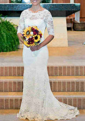 Lace Wedding Dress Sheath/Column Bateau Sweep Train with Pleated