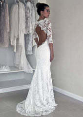 Lace Wedding Dress Sheath/Column Bateau Sweep Train with Pleated