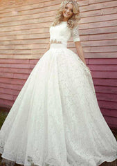 Scoop Neck Long/Floor-Length Ball Gown Lace Wedding Dress