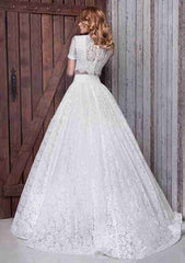 Scoop Neck Long/Floor-Length Ball Gown Lace Wedding Dress