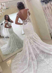 Appliqued Beaded Trumpet/Mermaid Sweetheart Sweep Train Lace Wedding Dress