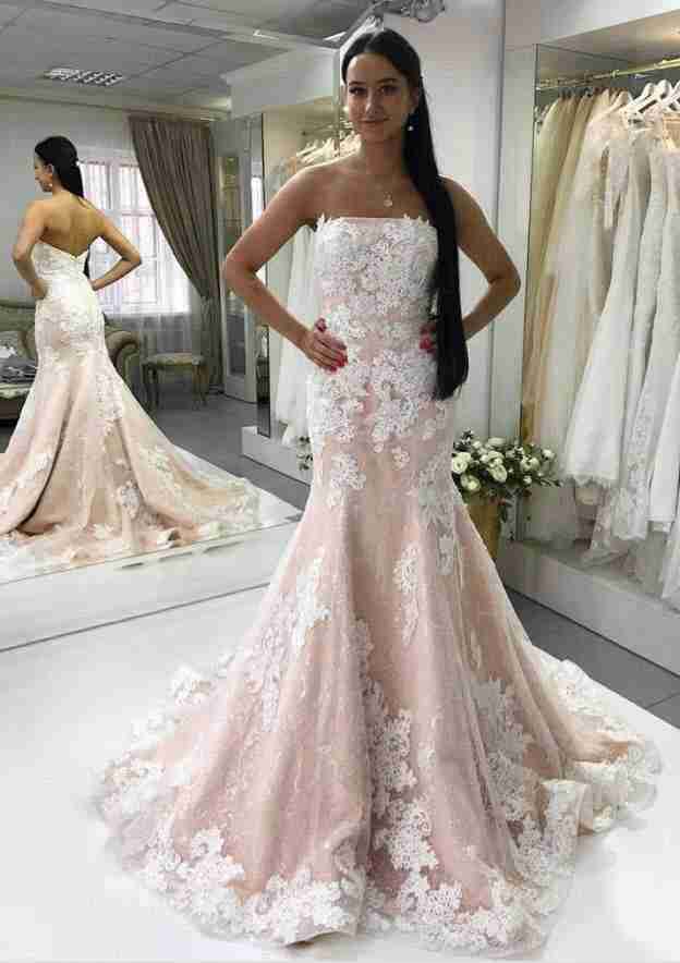 Strapless Court Train with Pleated, Lace Wedding Dress Sheath/Column