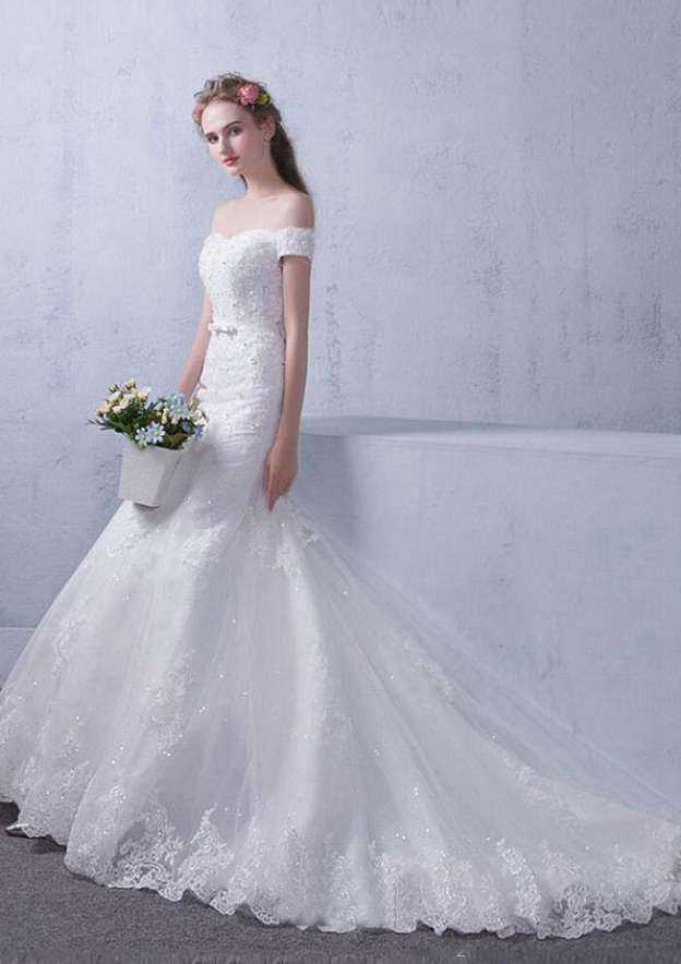 Beaded Off-The-Shoulder Trumpet/Mermaid Court Train Lace Wedding Dress