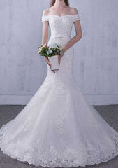 Beaded Off-The-Shoulder Trumpet/Mermaid Court Train Lace Wedding Dress