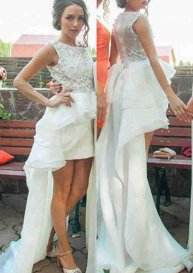 Lace Sheath/Column Bateau Sweep Train Organza Wedding Dress