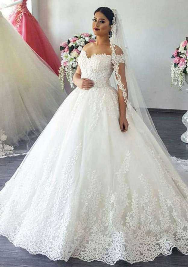 Lace Wedding Dress Ball Gown Off-The-Shoulder Court Train with Appliqued