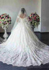 Lace Wedding Dress Ball Gown Off-The-Shoulder Court Train with Appliqued