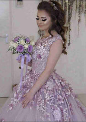 Bateau Court Train Lace Wedding Dress with Appliqued, A-Line/Princess