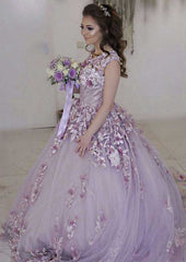 Bateau Court Train Lace Wedding Dress with Appliqued, A-Line/Princess