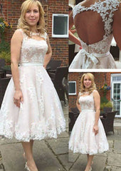 Lace Wedding Dress, A-Line/Princess Bateau Tea-Length with Sashes