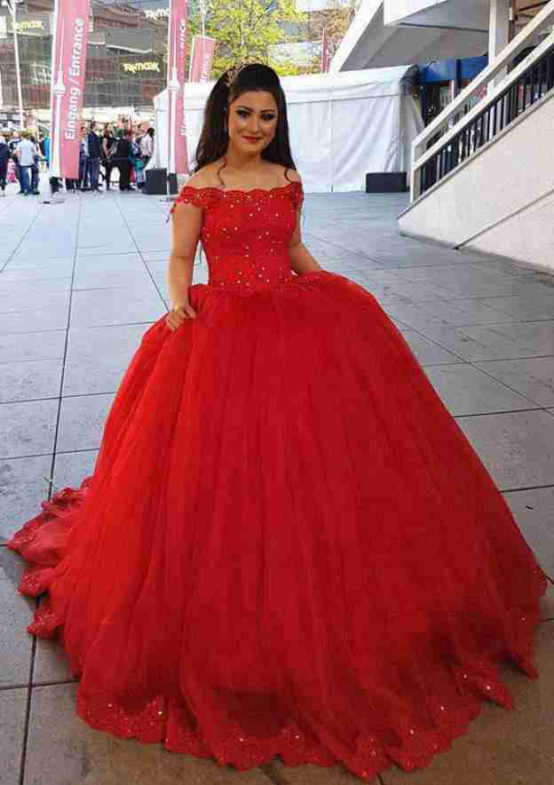 Off-The-Shoulder Court Train Lace Wedding Dress with Beaded, Ball Gown