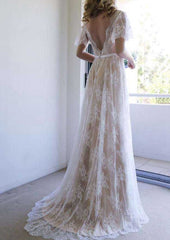 Lace Wedding Dress A-Line/Princess V-Neck Court Train