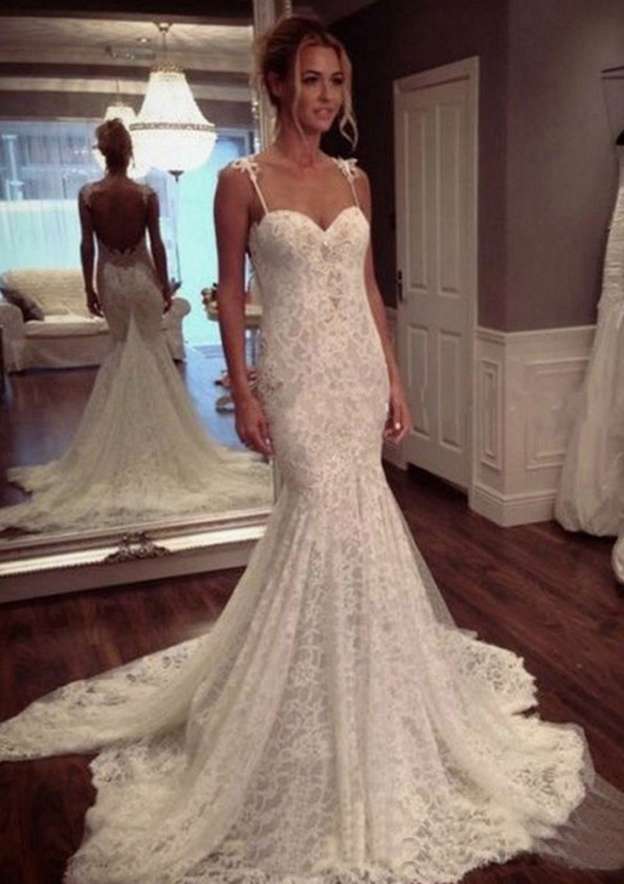 Appliqued Trumpet/Mermaid Sleeveless Court Train Sweetheart Lace Wedding Dress