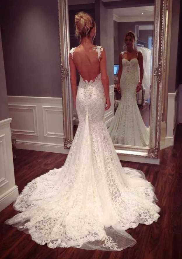 Appliqued Trumpet/Mermaid Sleeveless Court Train Sweetheart Lace Wedding Dress