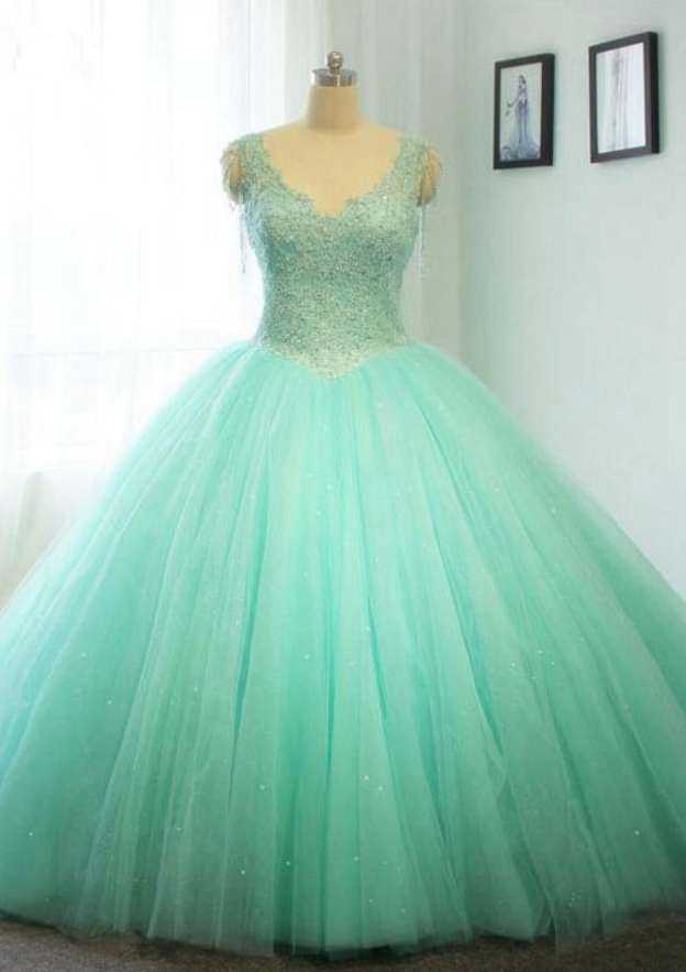 V-Neck Court Train with Beaded, Tulle Wedding Dress Ball Gown