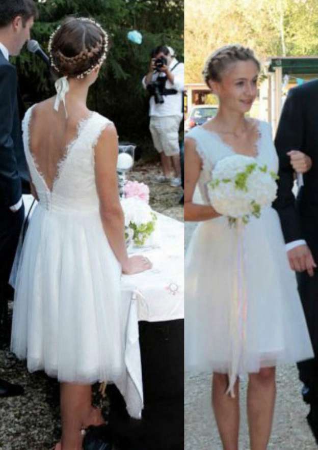 Knee-Length with Pleated, Tulle Wedding Dress A-Line/Princess V-Neck