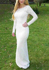Bateau Long/Floor-Length, Lace Wedding Dress Sheath/Column