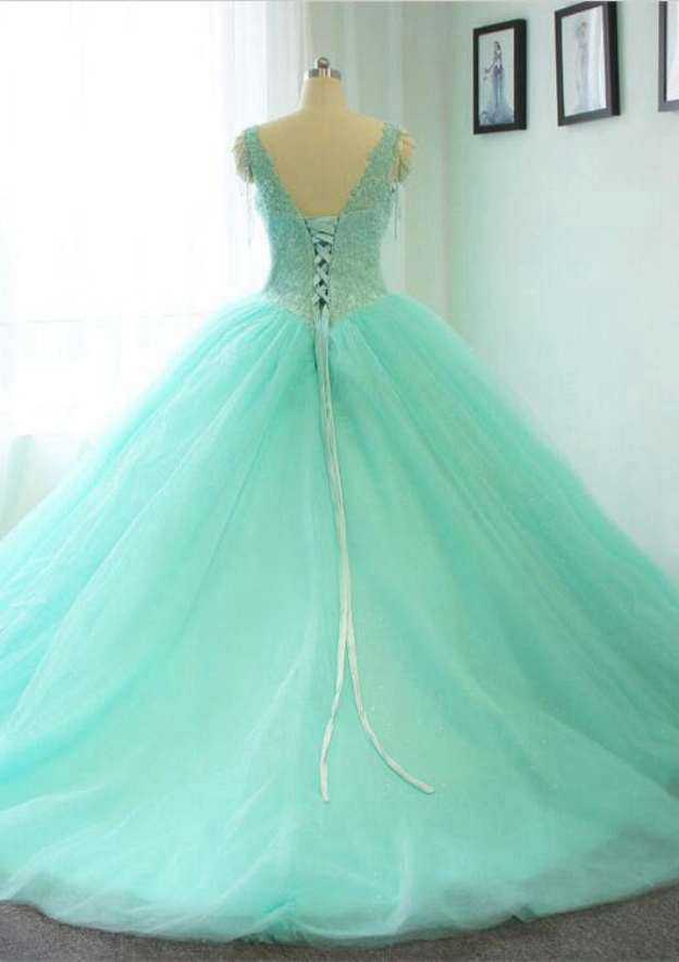 V-Neck Court Train with Beaded, Tulle Wedding Dress Ball Gown