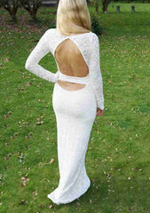 Bateau Long/Floor-Length, Lace Wedding Dress Sheath/Column