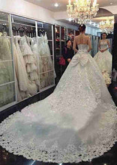Lace Wedding Dress, A-Line/Princess Halter Cathedral Train with Beaded