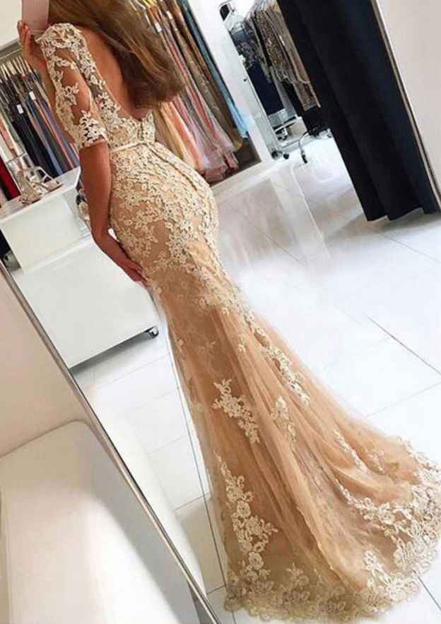 Bateau Lace Trumpet/Mermaid Prom Dress with Waistband and Sweep Train