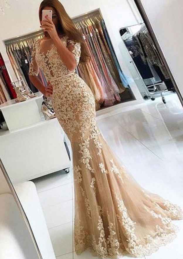 Bateau Lace Trumpet/Mermaid Prom Dress with Waistband and Sweep Train