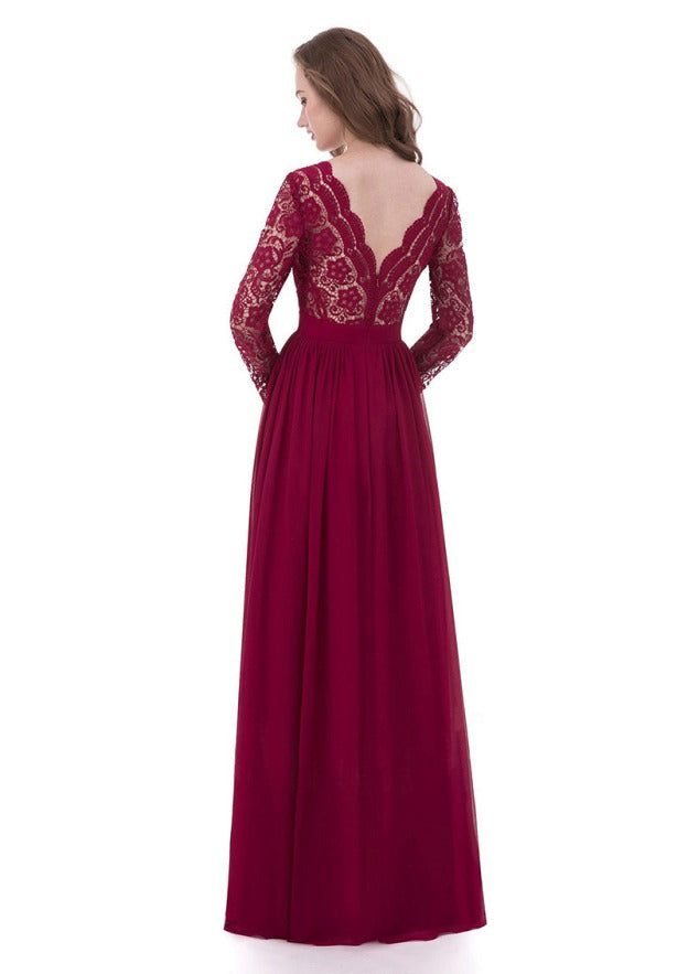 A-line/Princess Long/Floor-Length Chiffon Mother of the Bride Dress with Lace, V-Neck