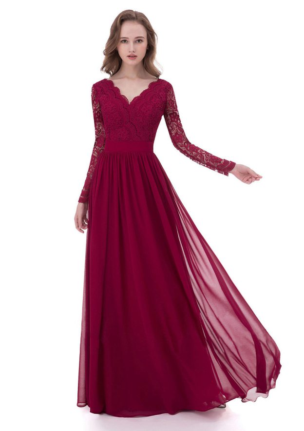 A-line/Princess Long/Floor-Length Chiffon Mother of the Bride Dress with Lace, V-Neck
