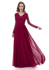 A-line/Princess Long/Floor-Length Chiffon Mother of the Bride Dress with Lace, V-Neck
