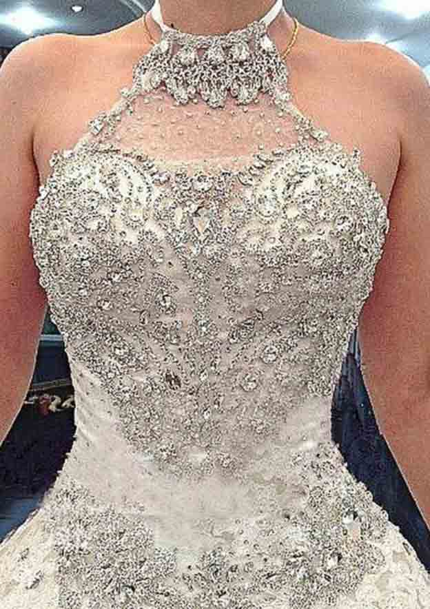 Lace Wedding Dress, A-Line/Princess Halter Cathedral Train with Beaded