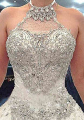 Lace Wedding Dress, A-Line/Princess Halter Cathedral Train with Beaded
