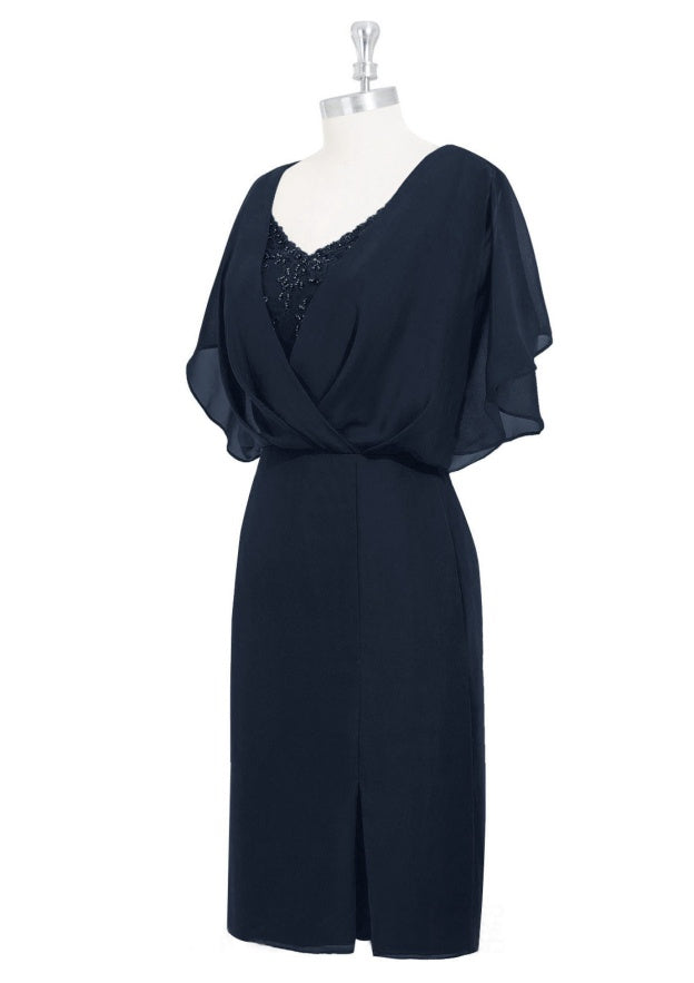 A-line V Neck Knee-Length Chiffon Mother of the Bride Dress with Split Beading, Short Sleeve