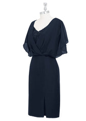 A-line V Neck Knee-Length Chiffon Mother of the Bride Dress with Split Beading, Short Sleeve