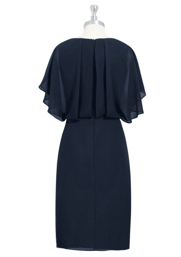 A-line V Neck Knee-Length Chiffon Mother of the Bride Dress with Split Beading, Short Sleeve