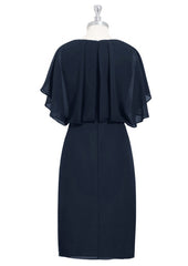 A-line V Neck Knee-Length Chiffon Mother of the Bride Dress with Split Beading, Short Sleeve