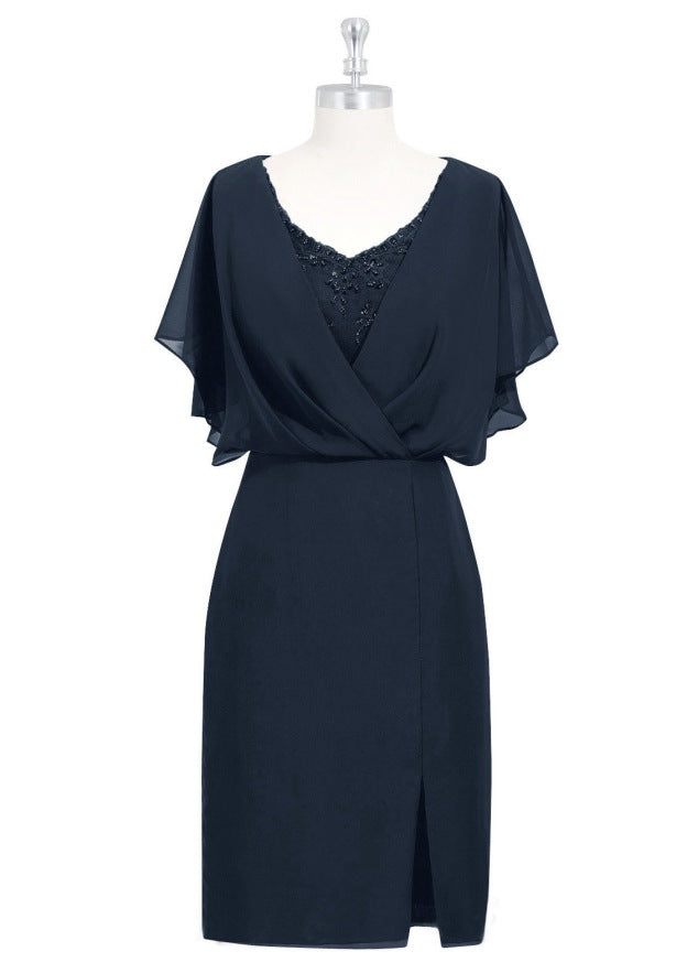 A-line V Neck Knee-Length Chiffon Mother of the Bride Dress with Split Beading, Short Sleeve