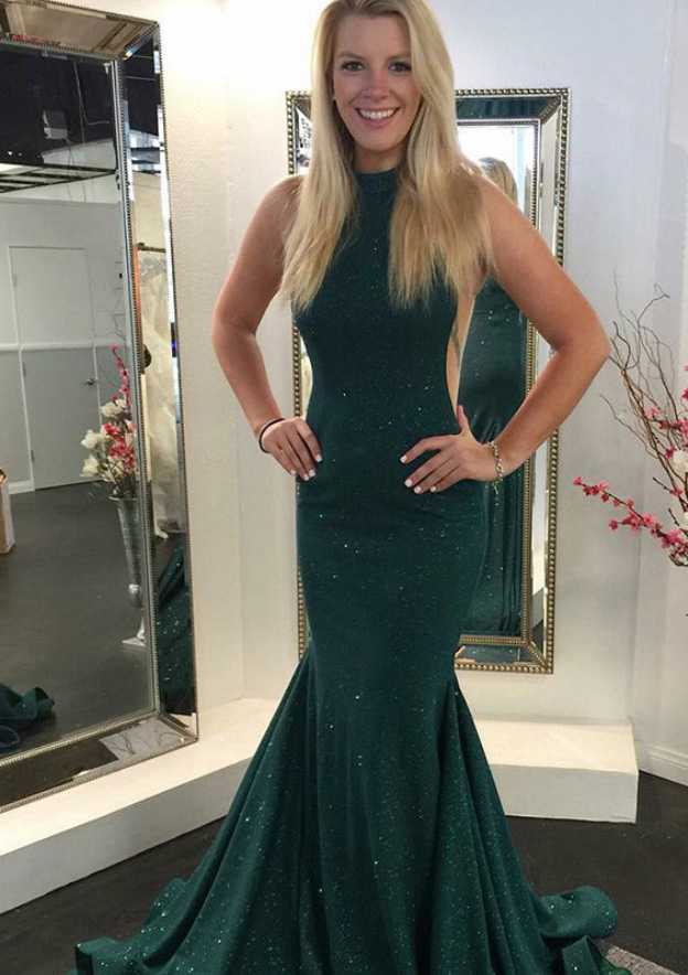 High-Neck Sleeveless Sheath/Column Lace Evening Dress with Beading and Court Train