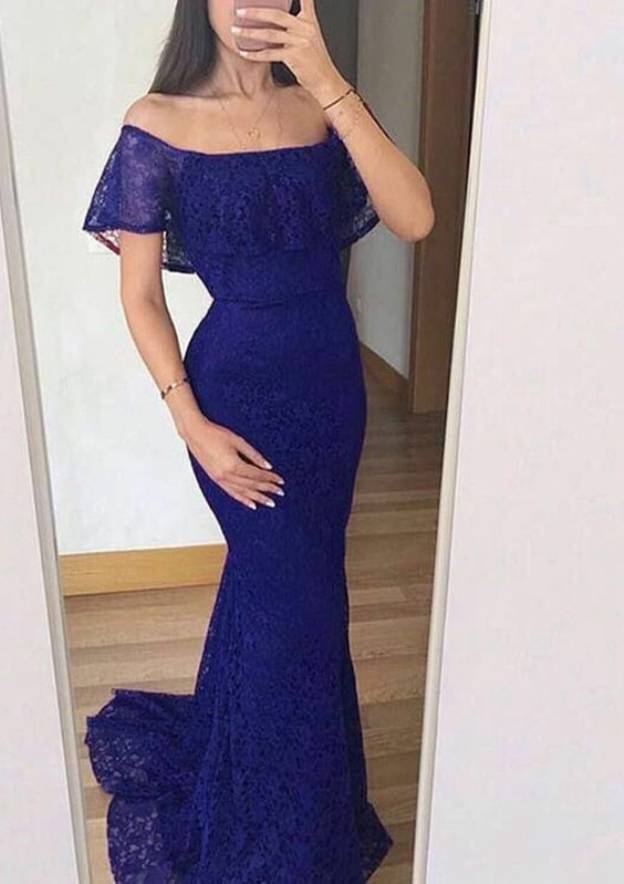 Off-the-Shoulder Short Sleeve Trumpet/Mermaid Lace Prom Dress with Sweep Train