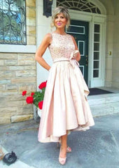 Asymmetrical Satin Mother of the Bride Dress with Beaded Bowknot Pleated, A-line Bateau