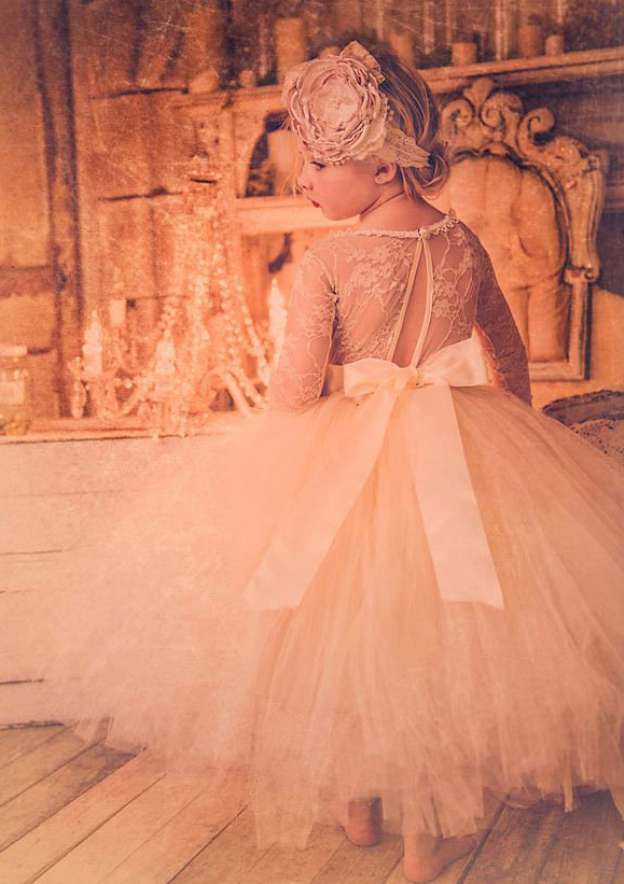 Tulle Bateau Tea-Length A-line Flower Girl Dress with Lace