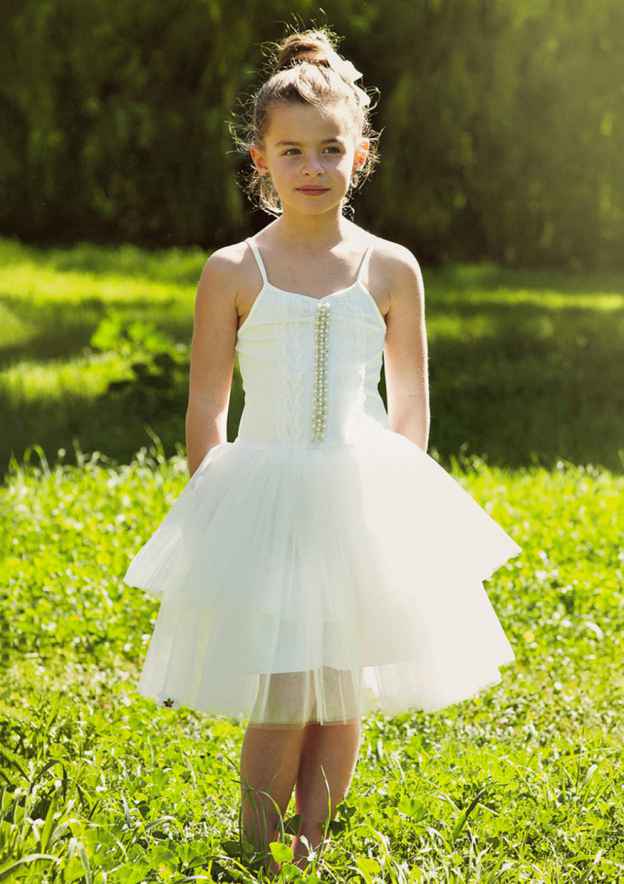 Tulle Square Neckline Knee-Length A-line Flower Girl Dress with Beaded