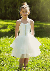 Tulle Square Neckline Knee-Length A-line Flower Girl Dress with Beaded