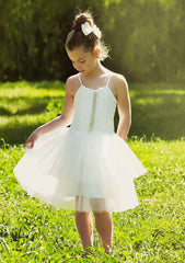Tulle Square Neckline Knee-Length A-line Flower Girl Dress with Beaded