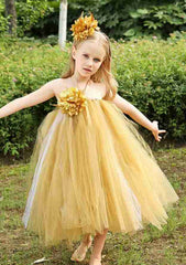 Tulle Halter Tea-Length A-line Flower Girl Dress with Flower