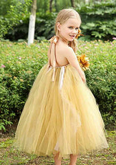 Tulle Halter Tea-Length A-line Flower Girl Dress with Flower