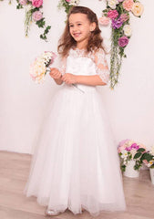 Tulle Off-The-Shoulder Ankle-Length A-line Flower Girl Dress with Lace