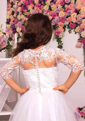 Tulle Off-The-Shoulder Ankle-Length A-line Flower Girl Dress with Lace