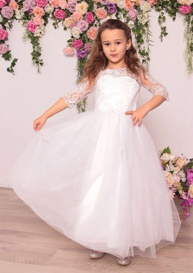 Tulle Off-The-Shoulder Ankle-Length A-line Flower Girl Dress with Lace