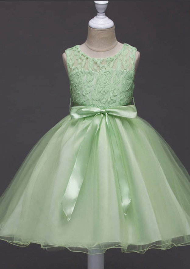 Organza Bateau Tea-Length A-line Flower Girl Dress with Waistband