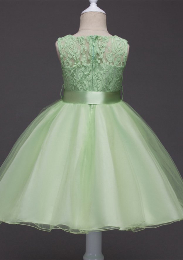 Organza Bateau Tea-Length A-line Flower Girl Dress with Waistband